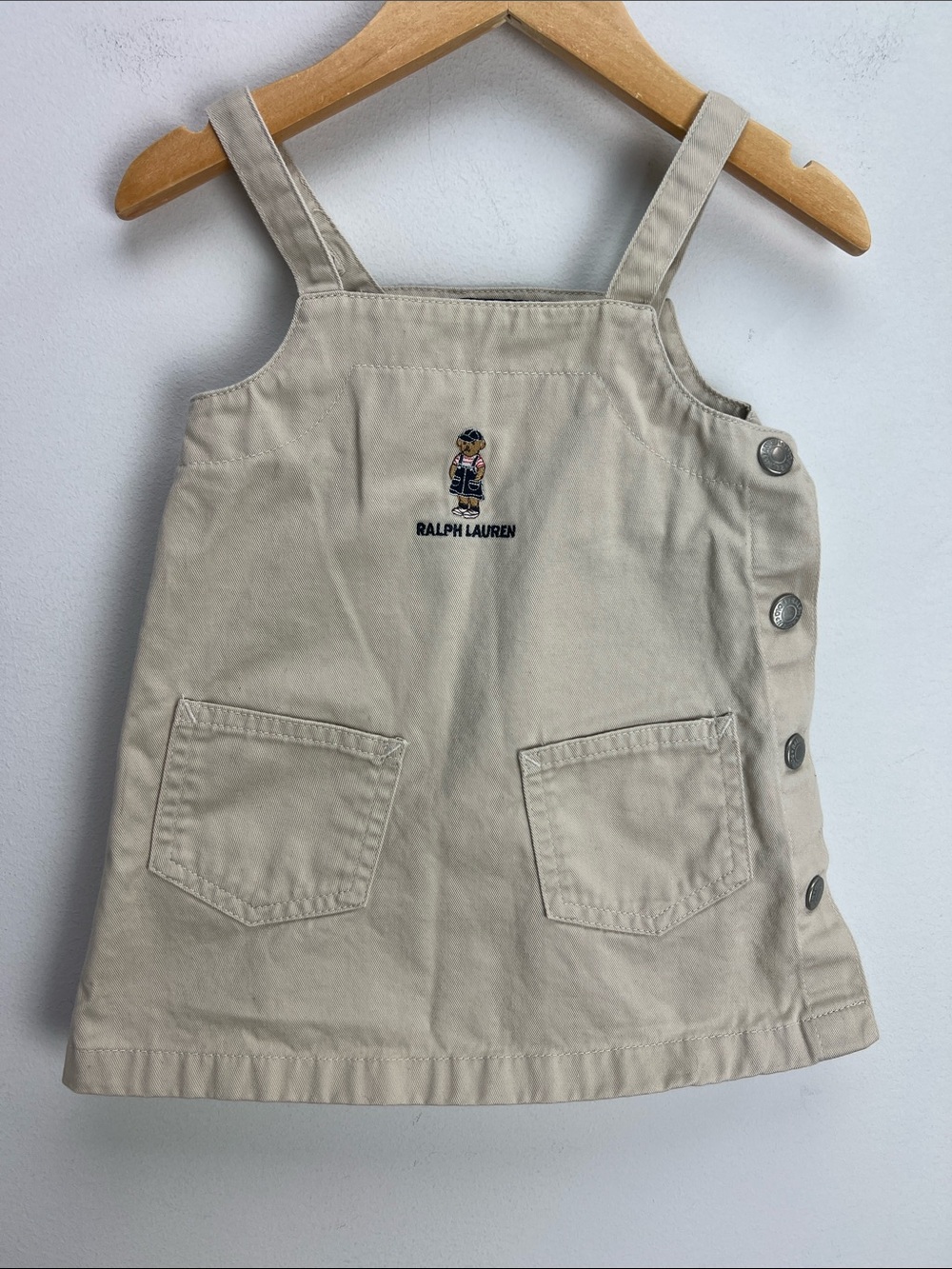 Vintage Ralph Lauren Overall Dress Tan Pinafore Polo Bear Baby Girl 6 - 12 Month